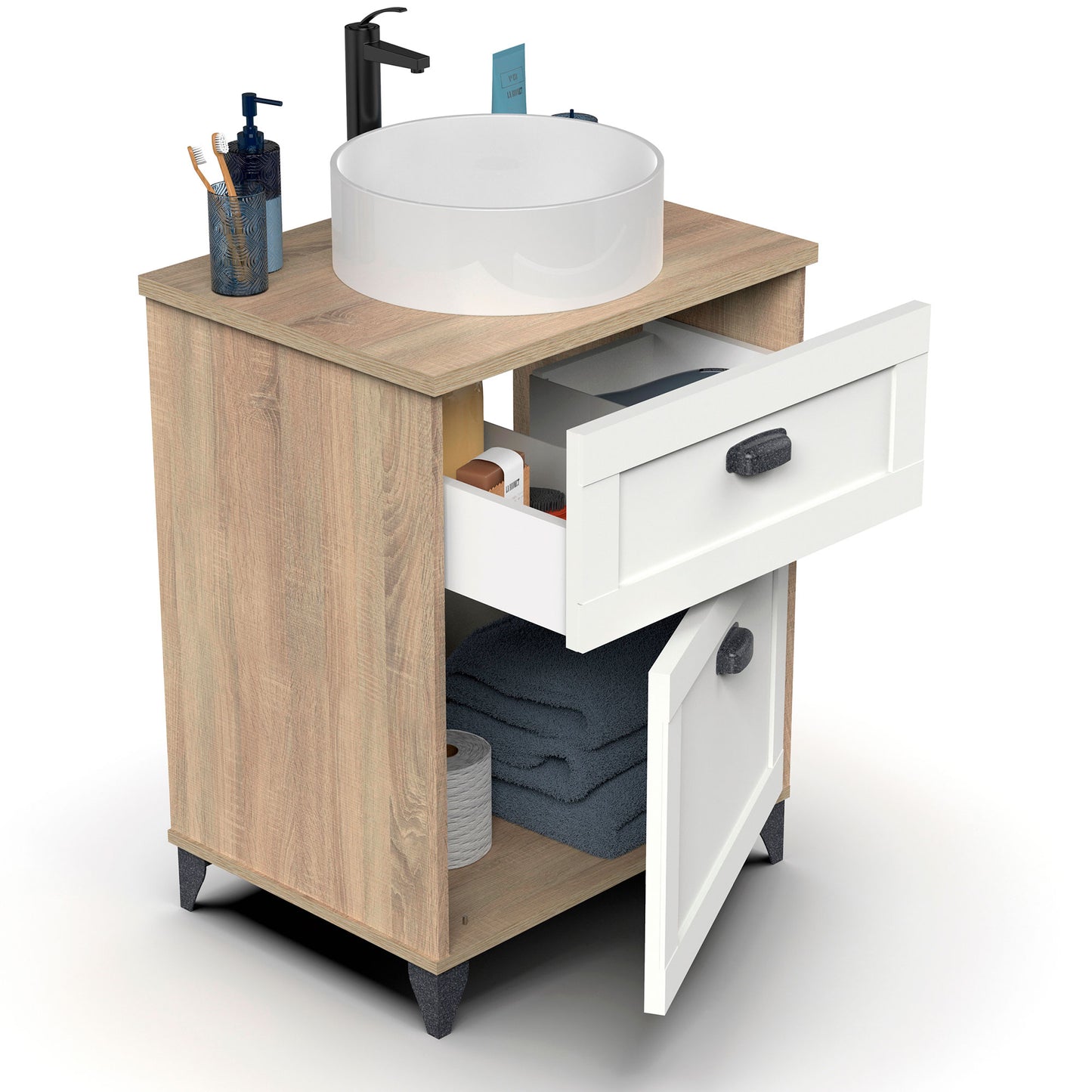 Mueble Baño 60cm Lavabo Sobre Encimera No Incluido, Armario Auxiliar Estilo Vintage 80x61x47cm, Briebe, Eterna, Blanco_2