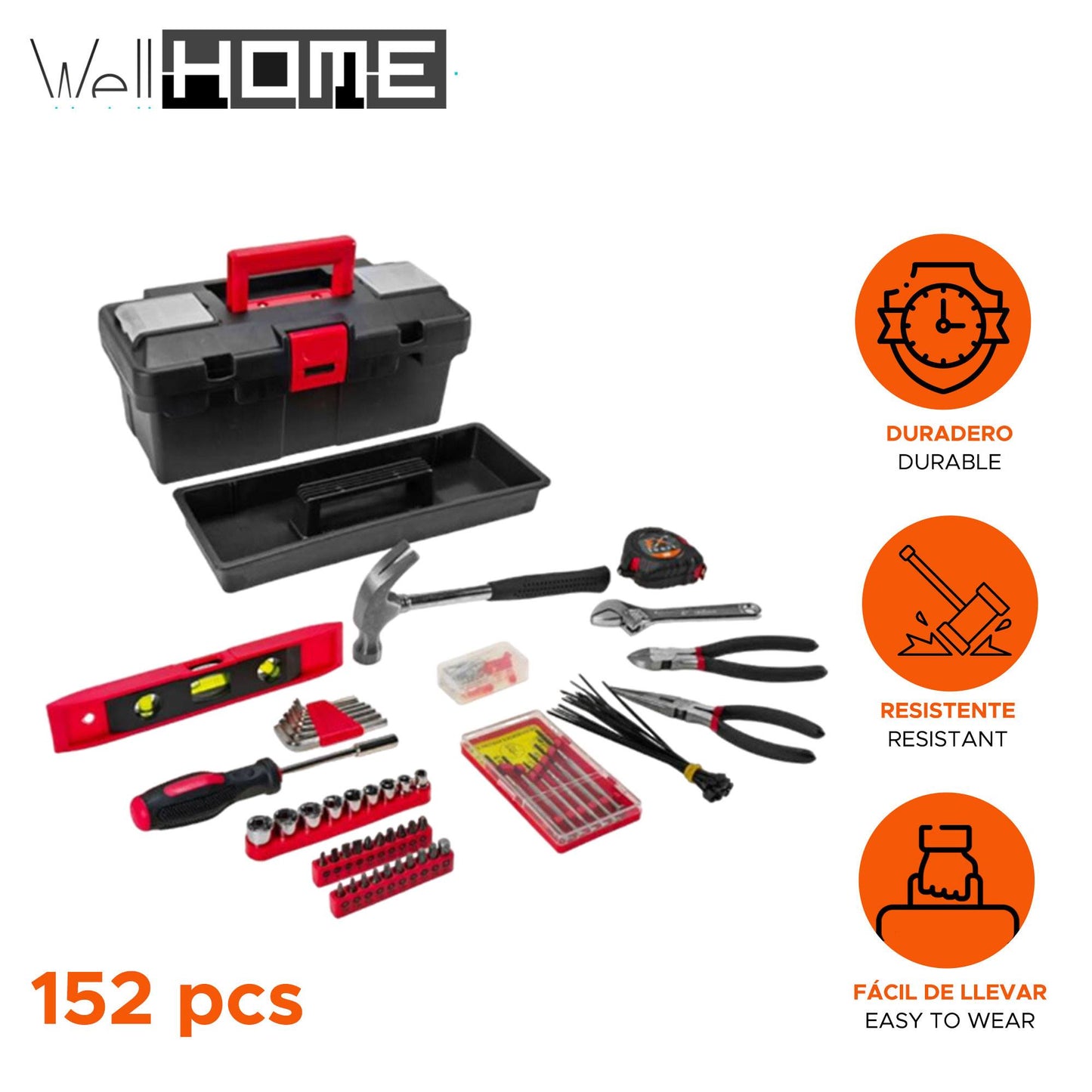 Well Home Kit De Herramientas Para El Hogar Co 152pc En Caja De Plástico Color Negro Y Rojo