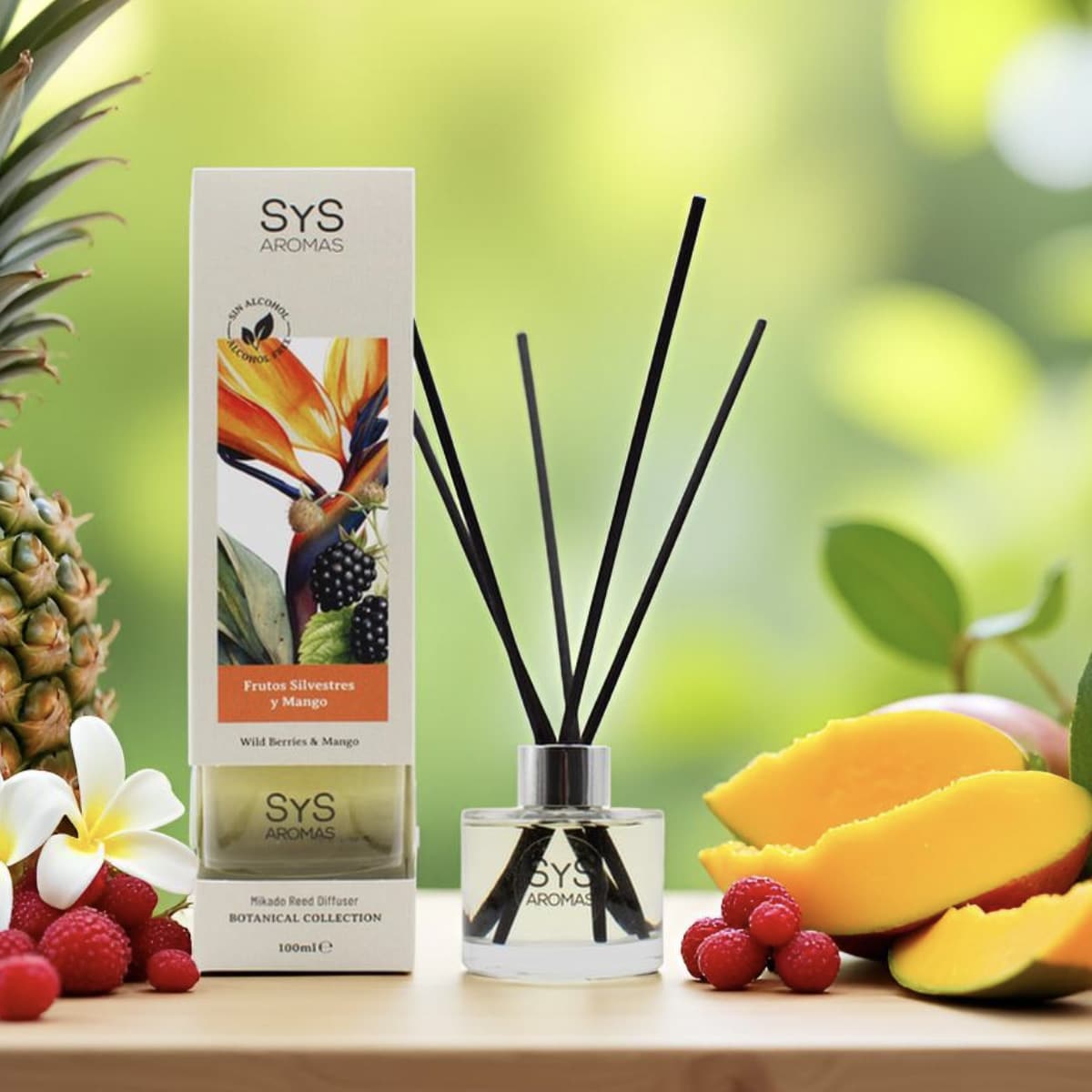 Sys Aromas Ambientador Mikado Frutos Silvestres Y Mango Botanical - Sin Alcohol - Larga Duración - 100 Ml Con 5 Varillas_0
