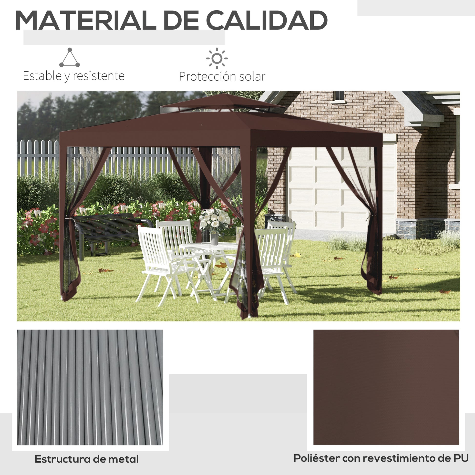 Outsunny Carpa De Jardín 3x3 M Con 4 Mosquiteras Laterales Techo Doble Marrón_4