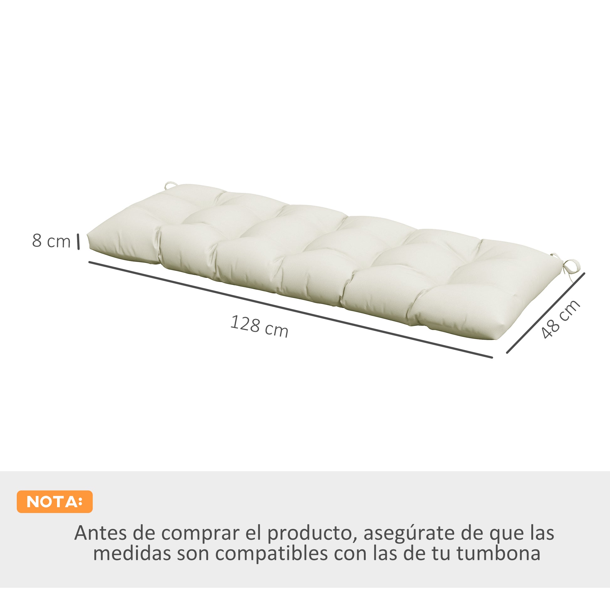 Outsunny Cojín Para Banco 128x48x8 Cm Con 2 Cordones Impermeable Crema_2
