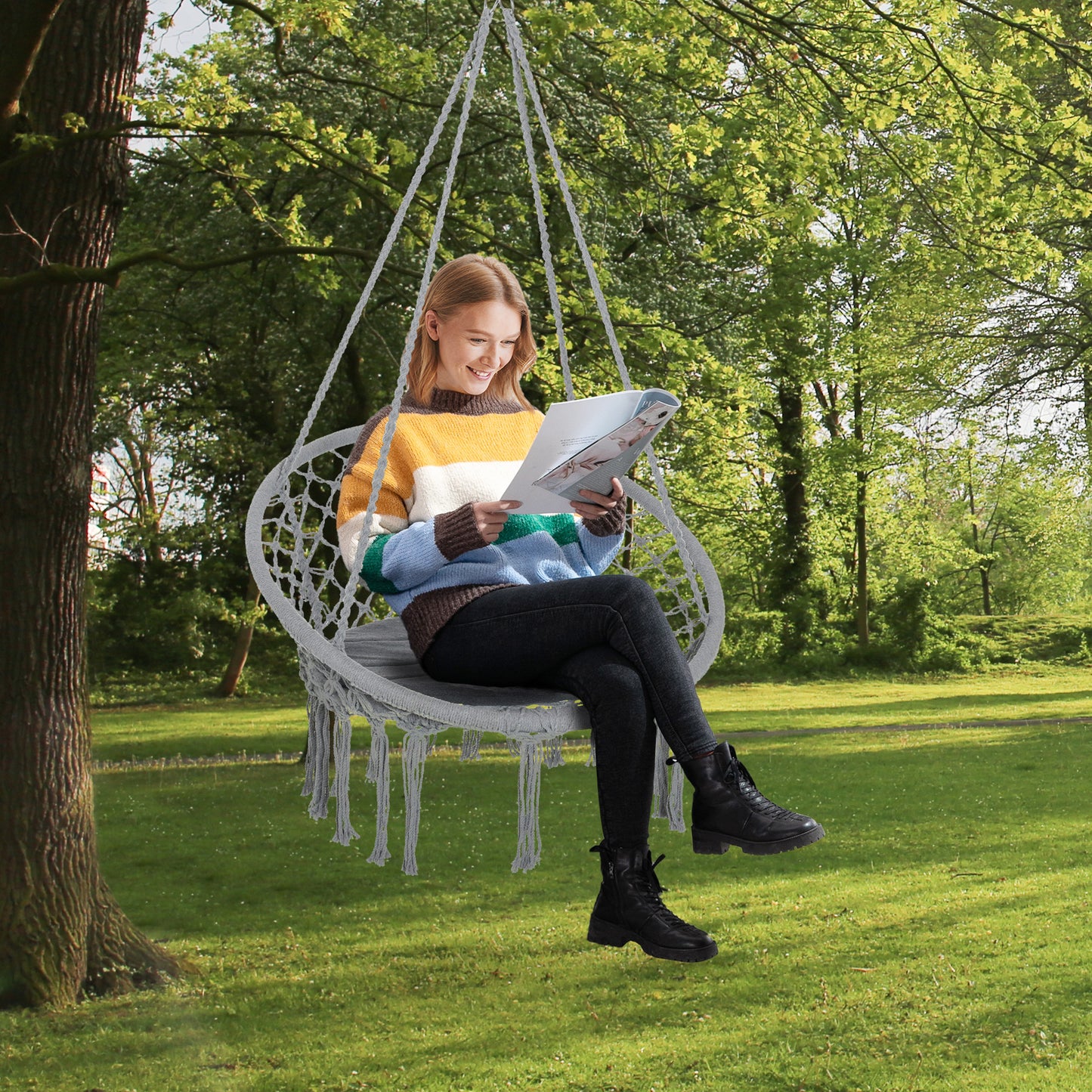 Outsunny Silla Colgante Redondo De Ø60 Con Cojín Interior Y Exterior 80x80x42 Cm_1