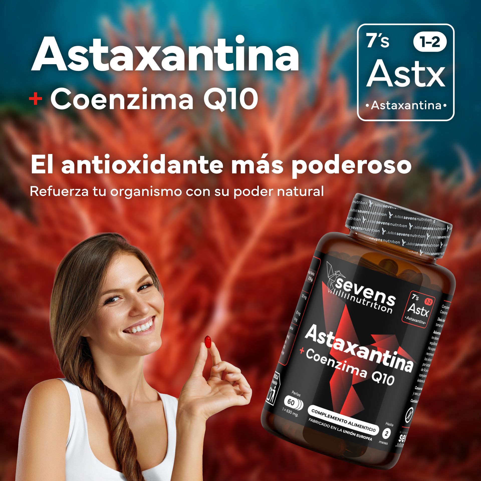 Astaxantina Con Coq10 Sevens Nutrition. Antioxidante Para Energía Y Piel Sana.