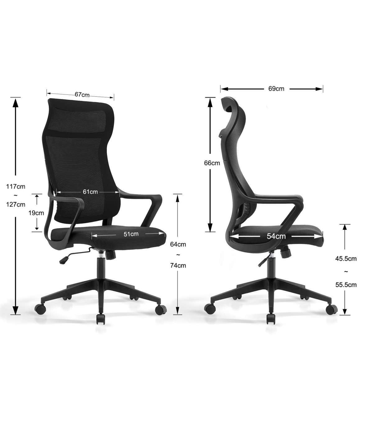 Silla Despacho Giratoria Elevable Con Reposacabezas Acabado Negro, 67m(ancho) 117/127cm(al_3