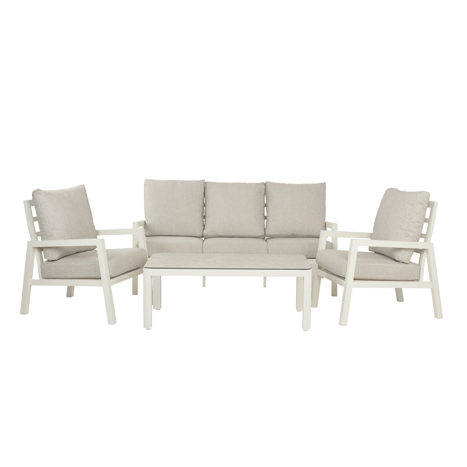 Conjunto De Sofás Para Jardín, Sofá 3 Plazas, Aluminio, Color Blanco Envejecido, Mesa:120x60x45cm Sillón:83x65,5x89 Cm Sofá:180x83x89 Cm Alto_0