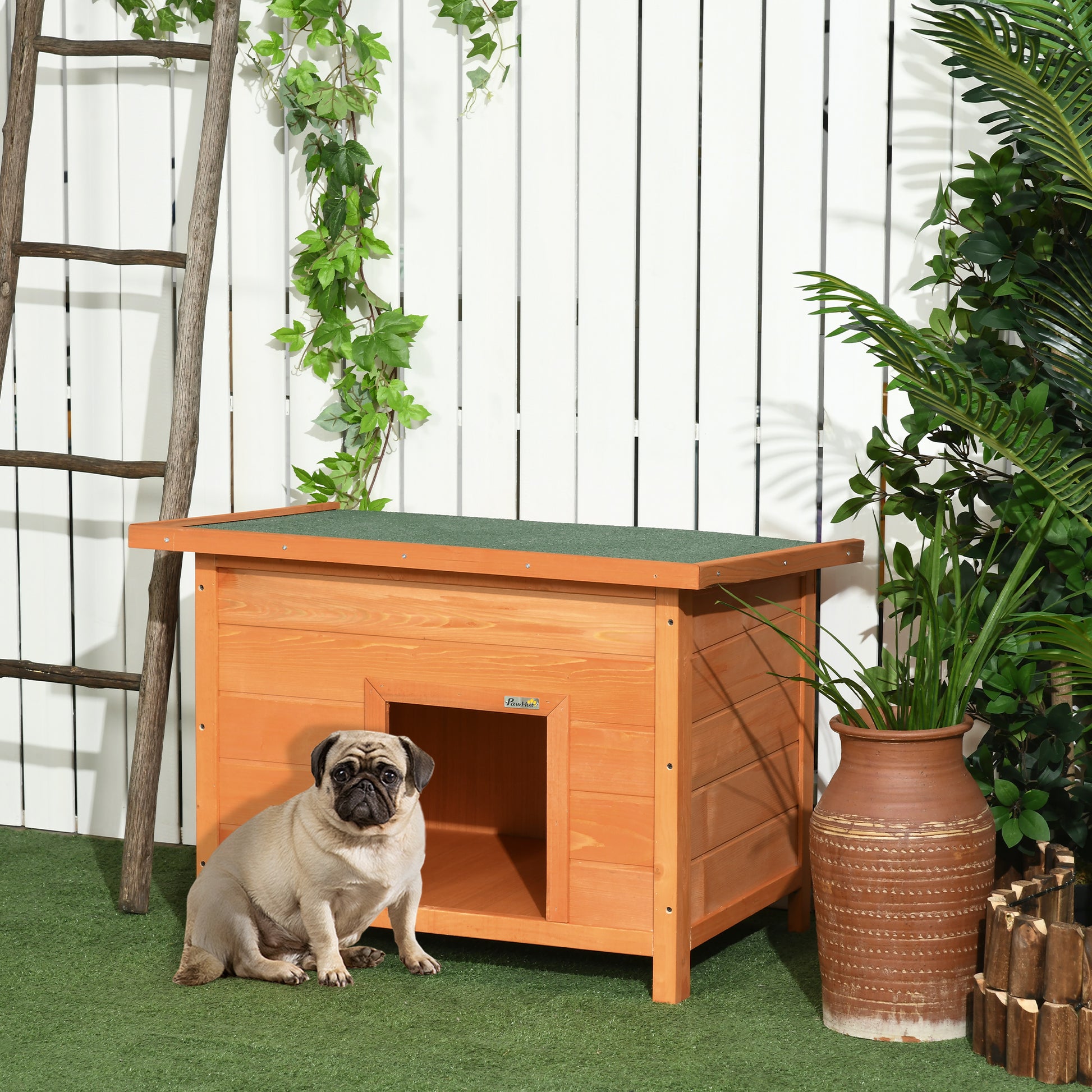 Pawhut Caseta De Madera Para Perro 82x58x58cm Techo Abatible Asfáltico_1