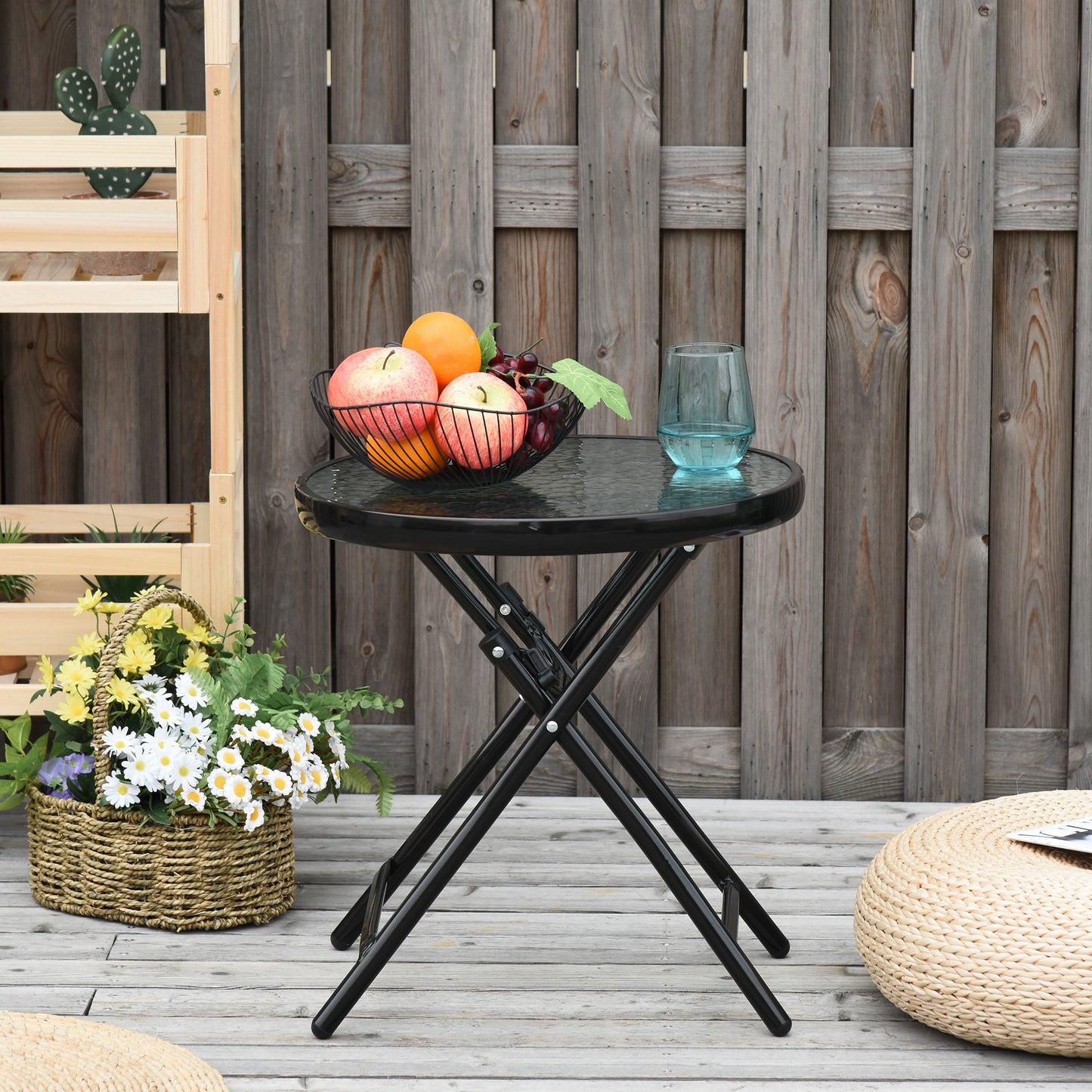 Outsunny Mesa De Cristal Redonda Plegable Con Hebilla De Seguridad Jardín Ø45 Cm_1