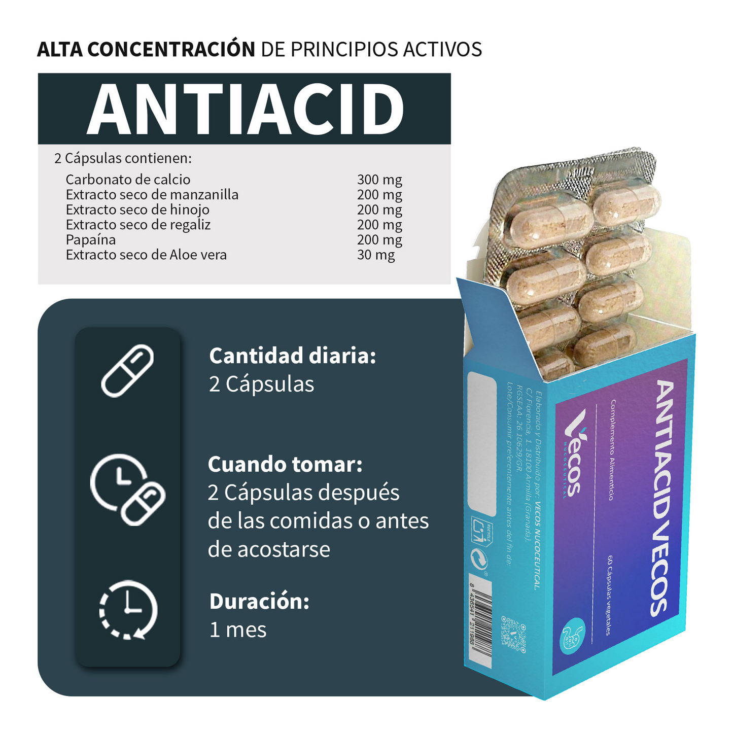 Antiacid VECOS (60 cápsulas) | Antiácido y antirreflujo | Alginato de sodio y Calcio | Alivio rápido con Formula vegetal_2