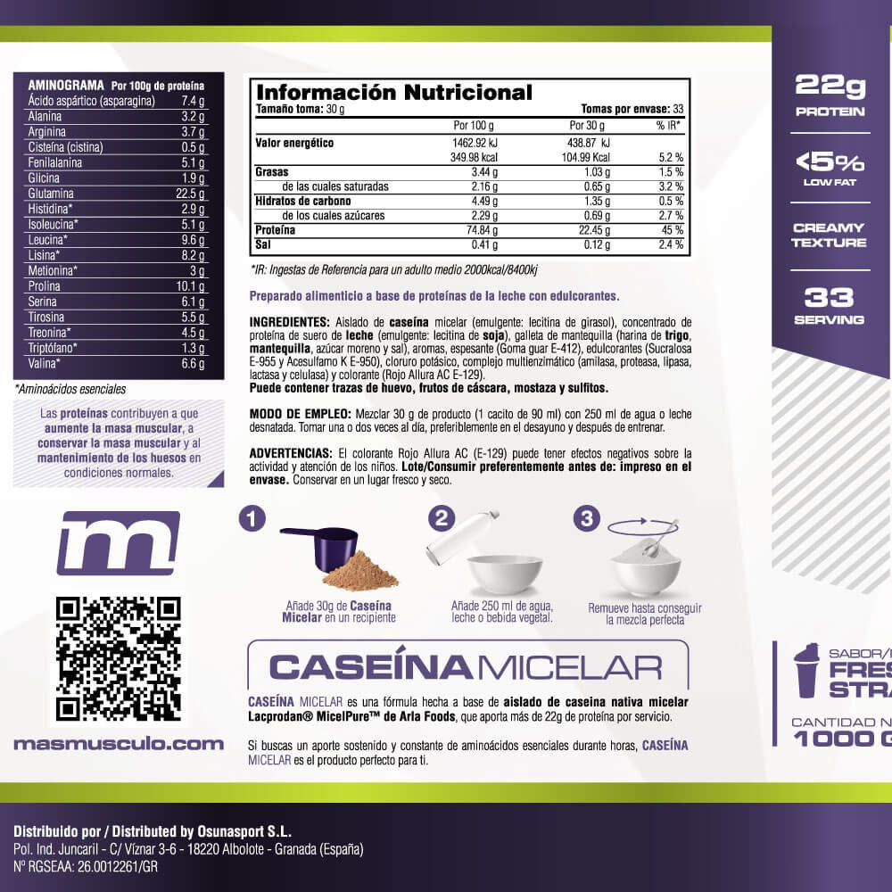Caseína Micelar Nativa Micelpure™ - 1kg - Fresa - Ayuda A Mantener La Masa Muscula - Masmusculo_4