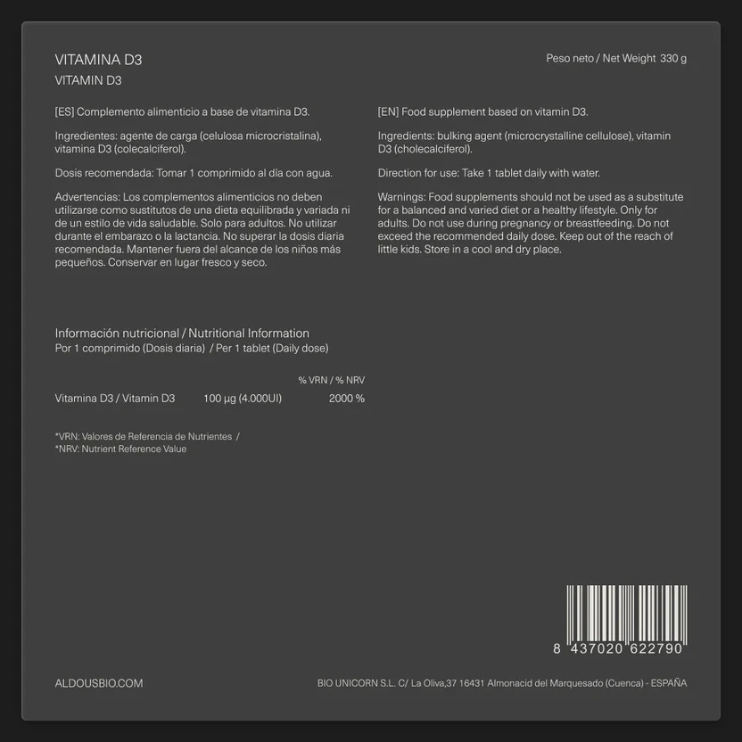 Vitamina D3 4000 UI Aldous Bio 500 comprimidos