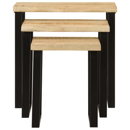 Set De 3 Mesas Apilables Con Borde Natural Madera Maciza Mango_1