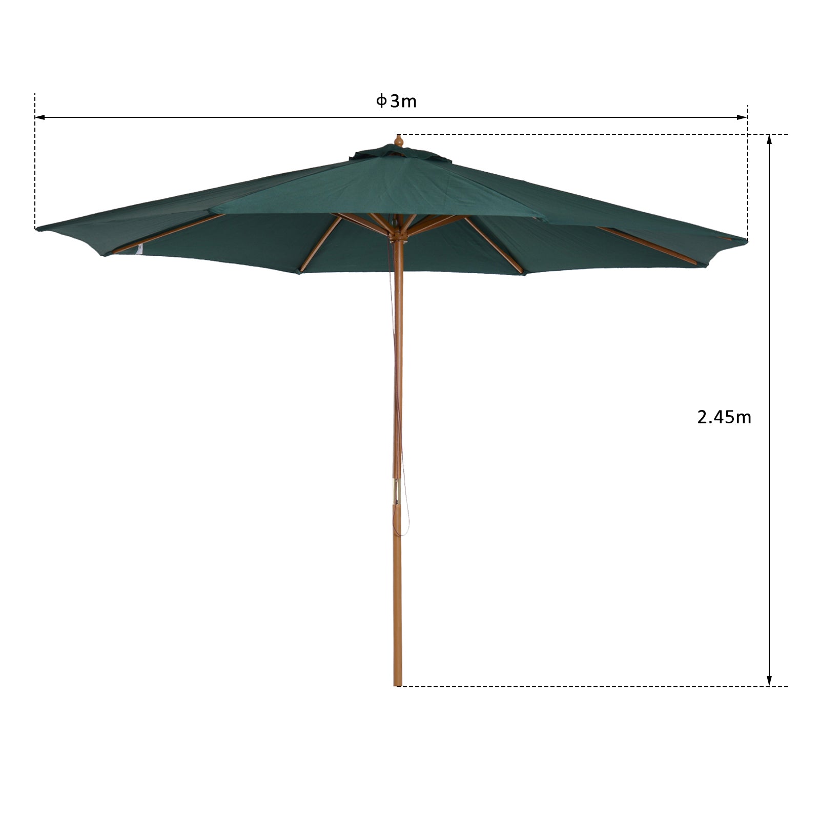Outsunny Sombrilla Parasol Verde Diámetro 3m Madera Terraza Jardín Piscina_2