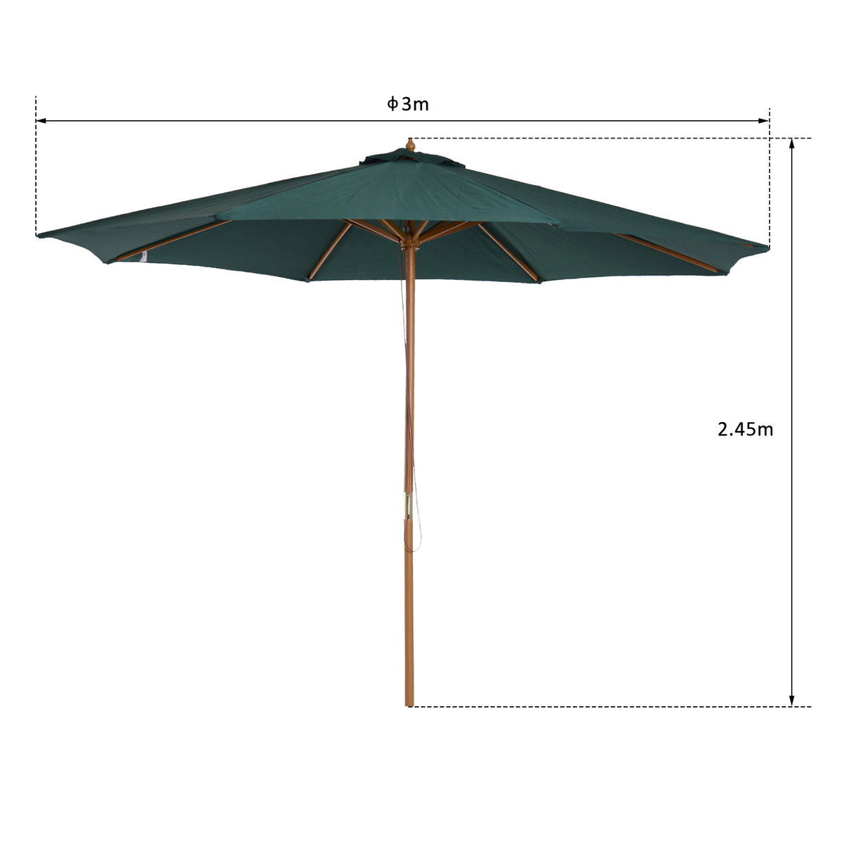 Outsunny Sombrilla Parasol Verde Diámetro 3m Madera Terraza Jardín Piscina_2