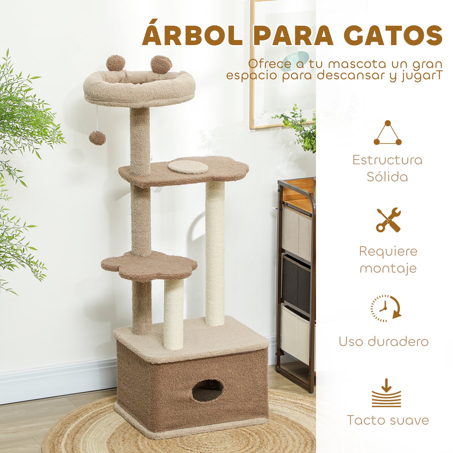 Pawhut Árbol Rascador Para Gatos Altura 133 Cm Con Nido Plataformas Café_4