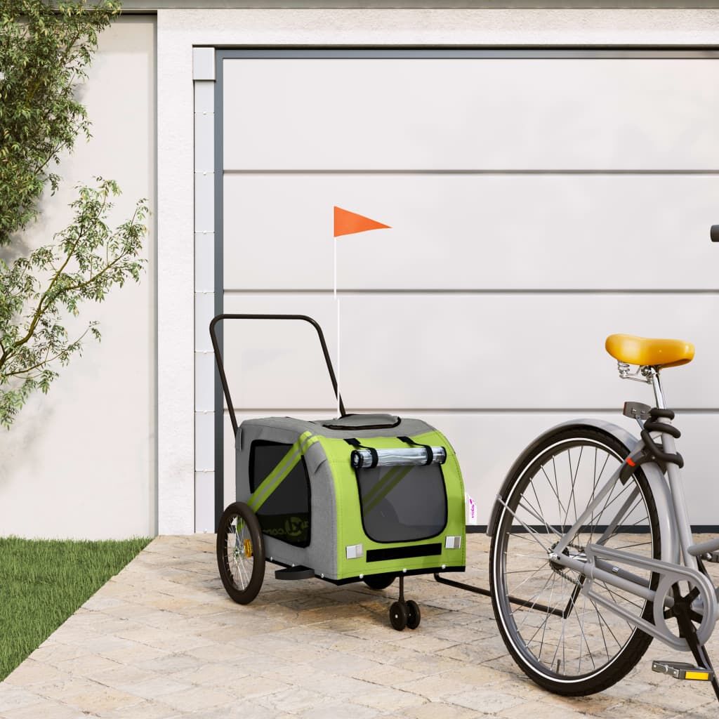 Vidaxl Remolque De Bicicleta Mascotas Hierro Tela Oxford Verde Gris_1