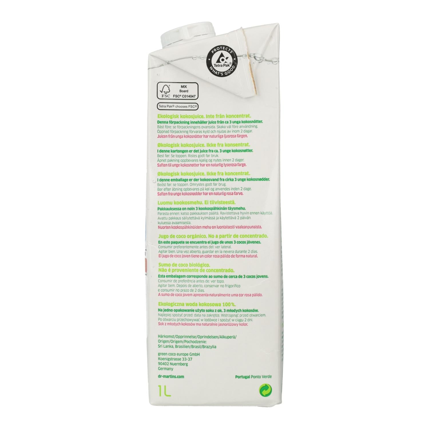 Pack 6x Agua de Coco Natural Dr. Martins 1 L