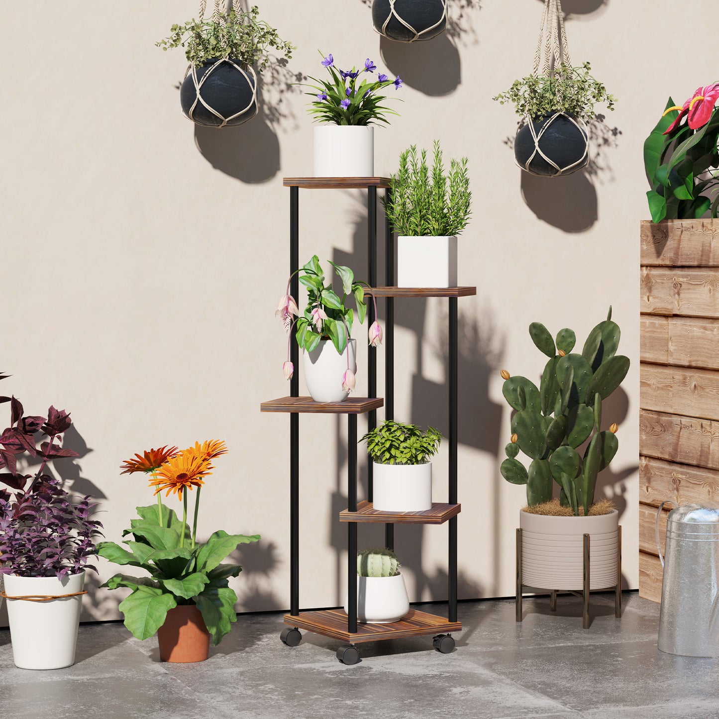 Outsunny Estantería Para Plantas De 5 Niveles De Madera 59x59x110 Cm Carbonizado_1