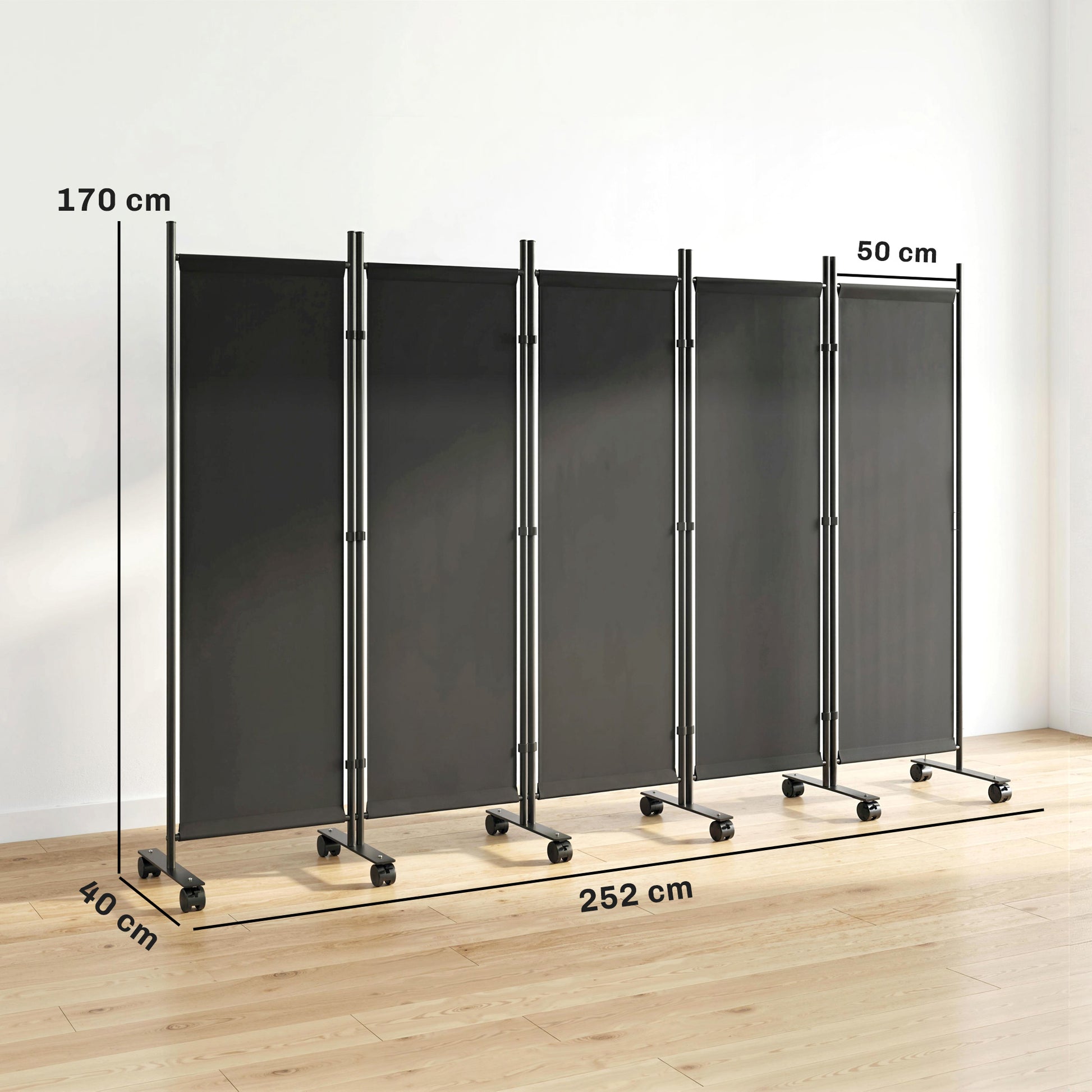 Outsunny Biombo Plegable De 5 Paneles Con 12 Ruedas 252x170 Cm Negro_2