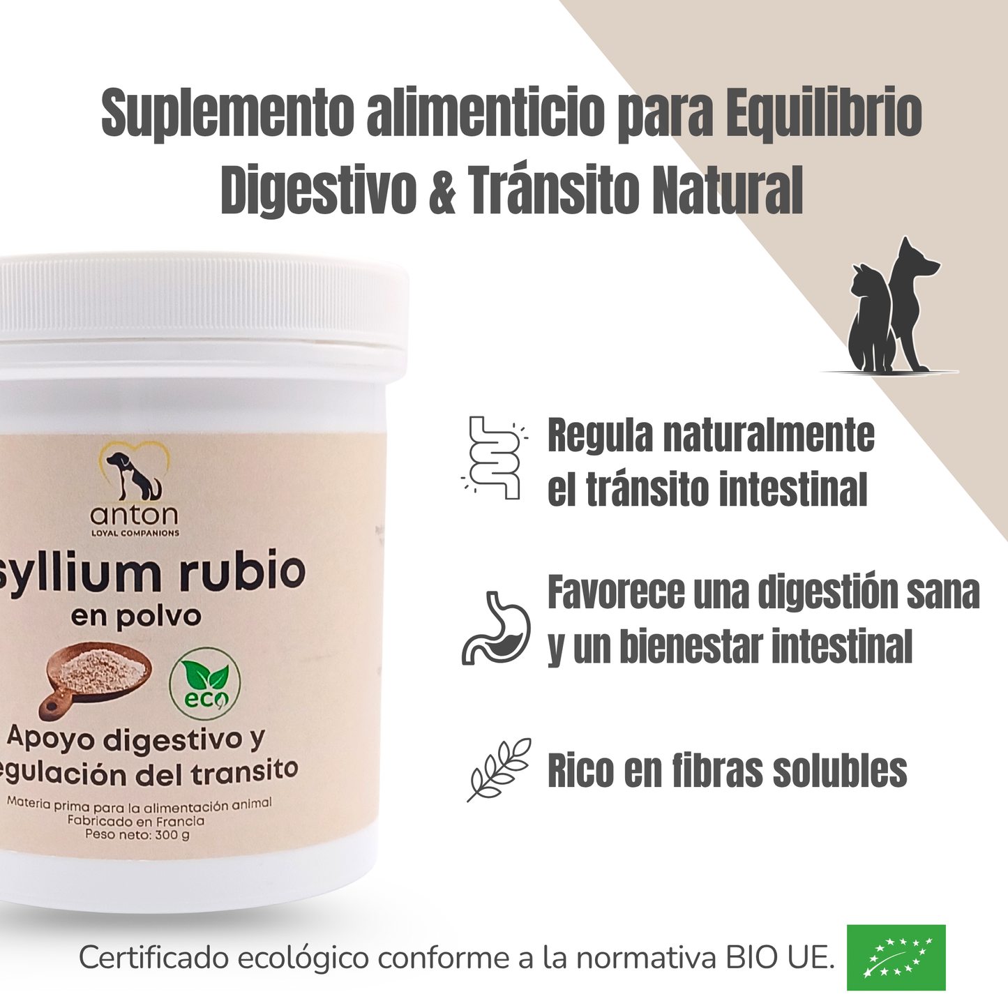 Suplemento natural para el tránsito intestinal de perros y gatos – Psyllium ECO 300 g_1