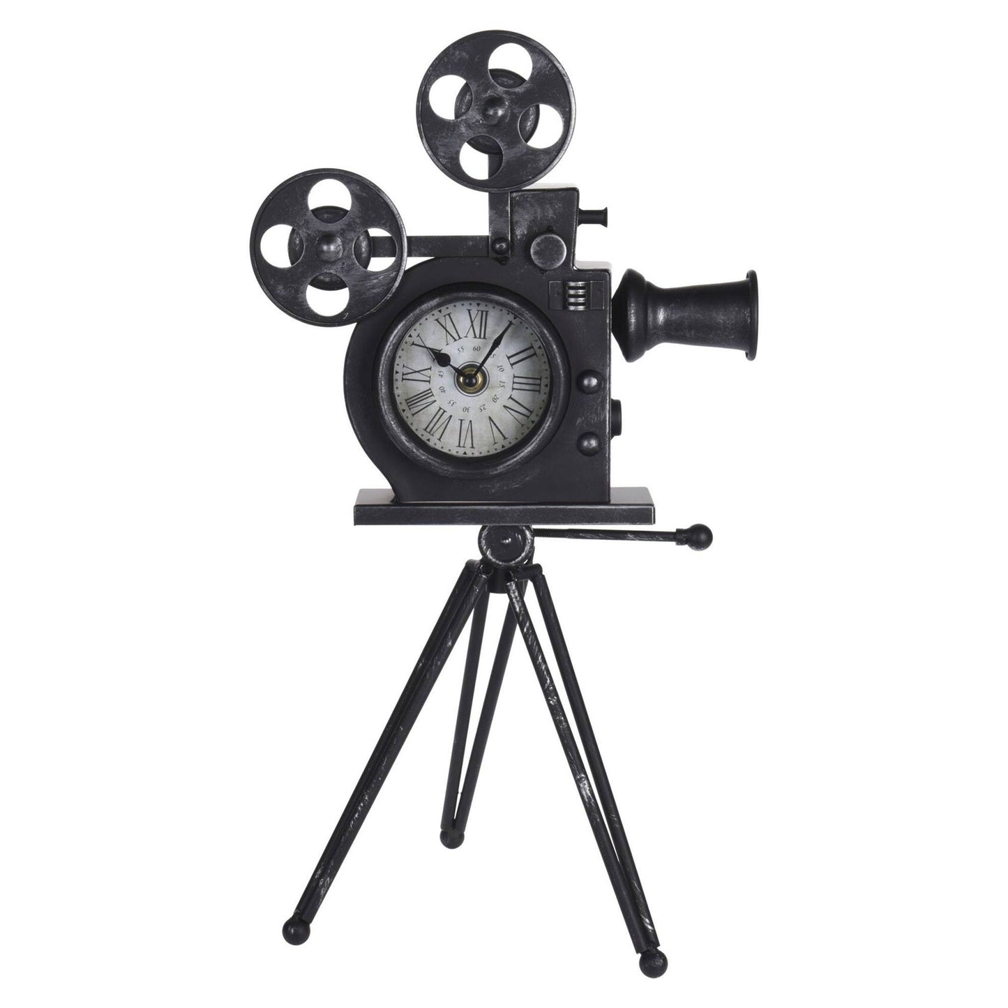 Well Home Reloj De Mesa Modelo Cámara De Peliculas En Metal Negro 29x22x53cm_0