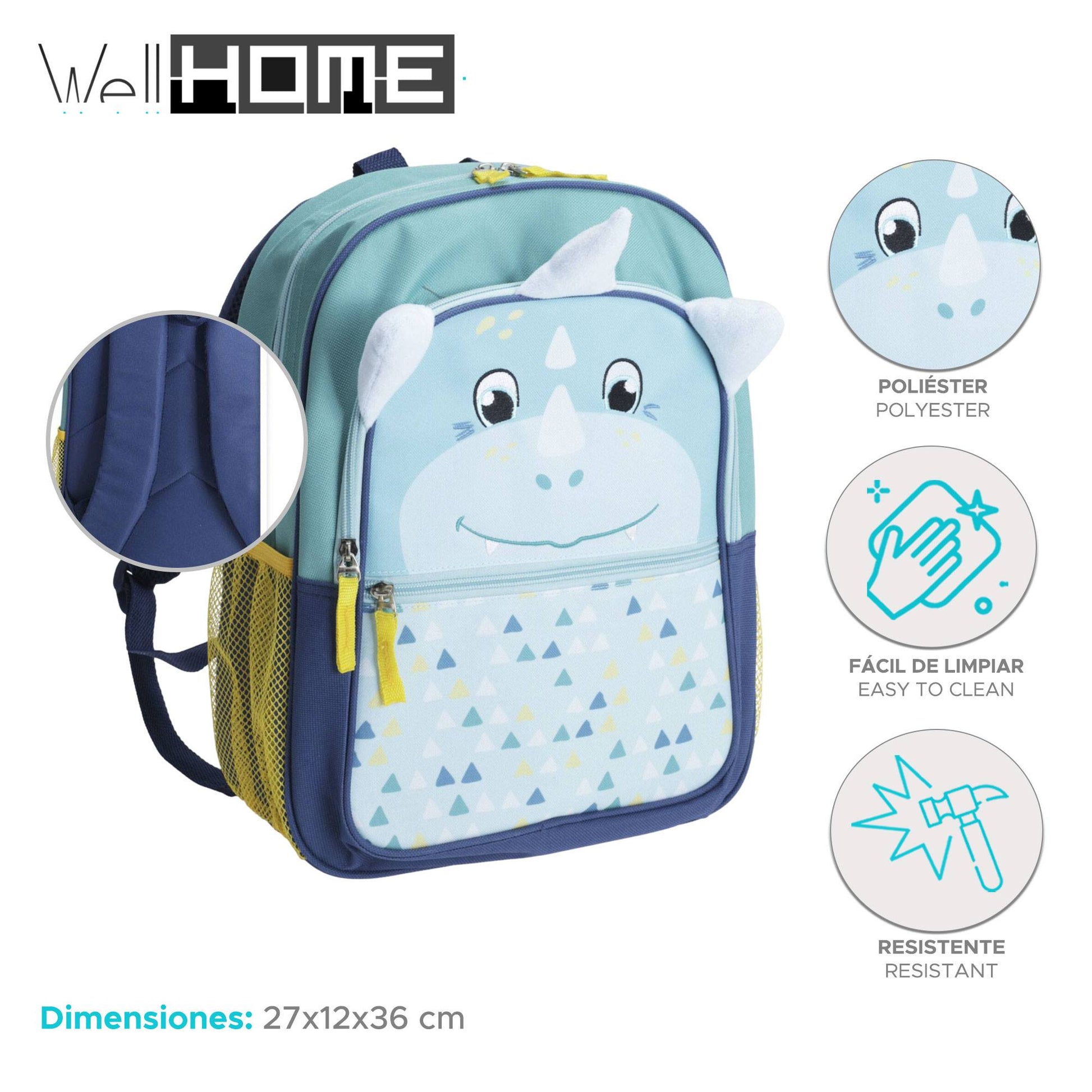 Well Home Mochila Infantil Diseño Dino Azul 27x12x36cm_1
