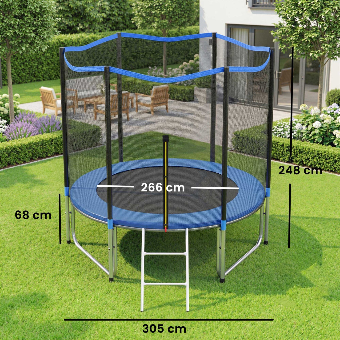Sportnow Cama Elástica Niños Exterior Ø305 Cm Con Red De Seguridad Escalera Azul_2