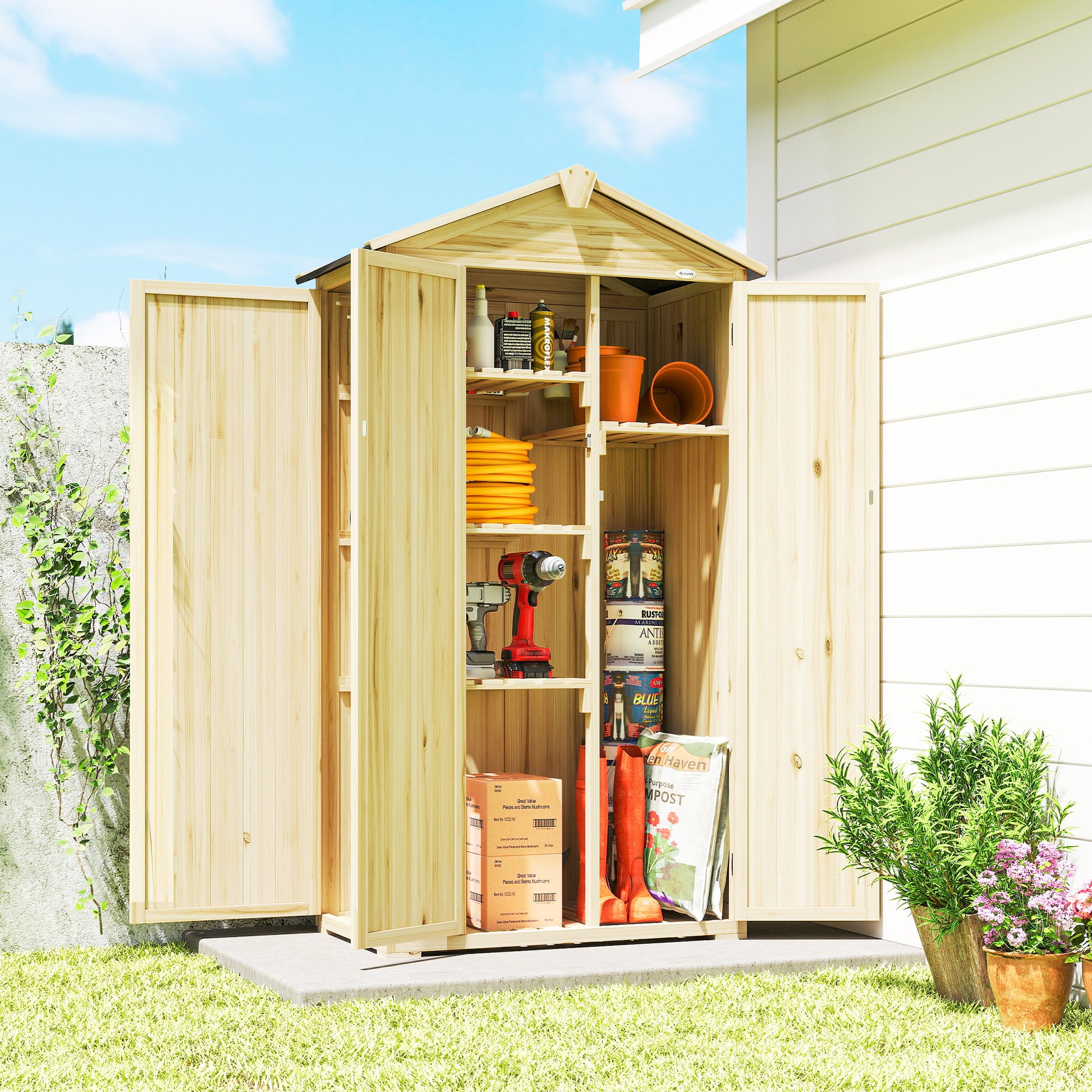 Outsunny Caseta De Jardín De Madera 93x53x168 Cm Con 4 Estantes Y 3 Puertas_1