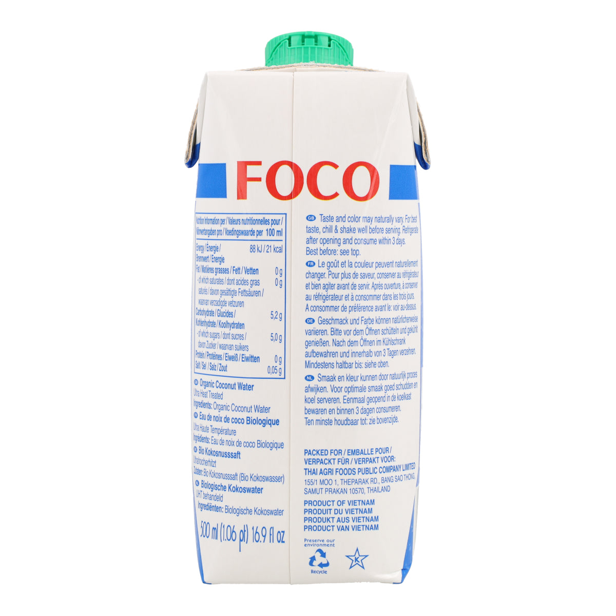 Agua de coco pura, 100% Natural Foco 500ml