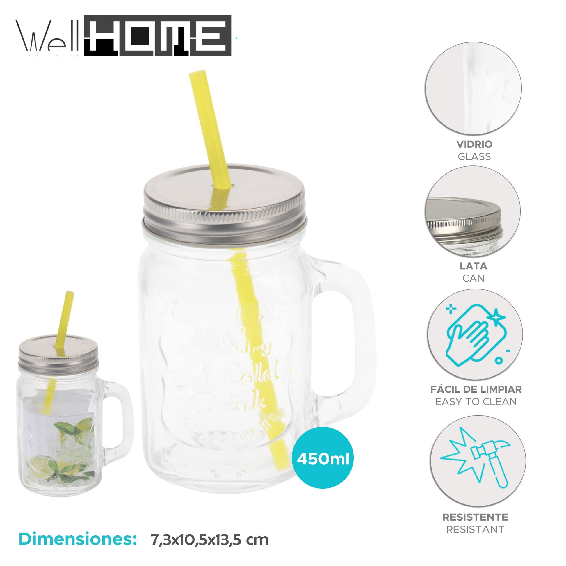Well Home Vaso De Cristal De 450ml Con Pajita Amarilla