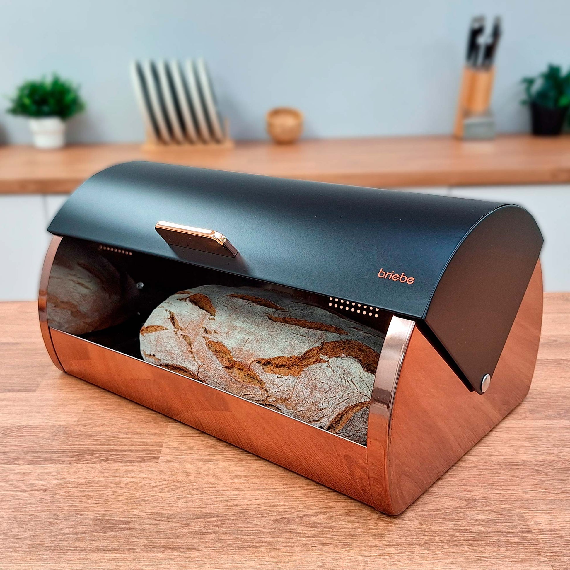 Panera De Mesa +juego 3 Botes Cocina Almacenaje Acero Inoxidable Contenedor De Pan Con Tapa, Briebe, Bb1161, Negro Mate/oro Rosa_4