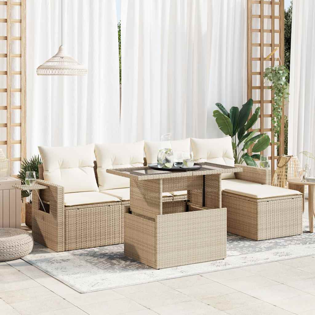 Juego De Sofás Jardín Con Cojines 6 Pzas Ratán Sintético Beige / Vetonek_1