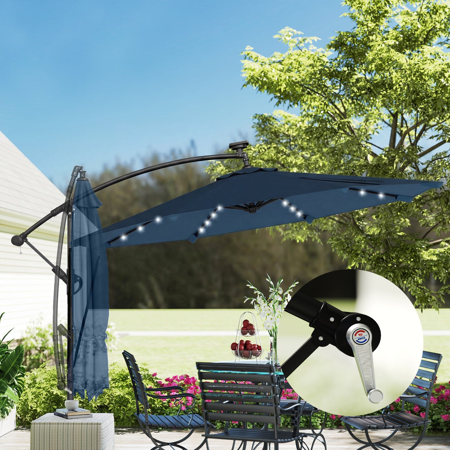 Outsunny Parasol Excéntrico De Aluminio Con Luces Led Base Cruzada Ø345 Cm Azul_4