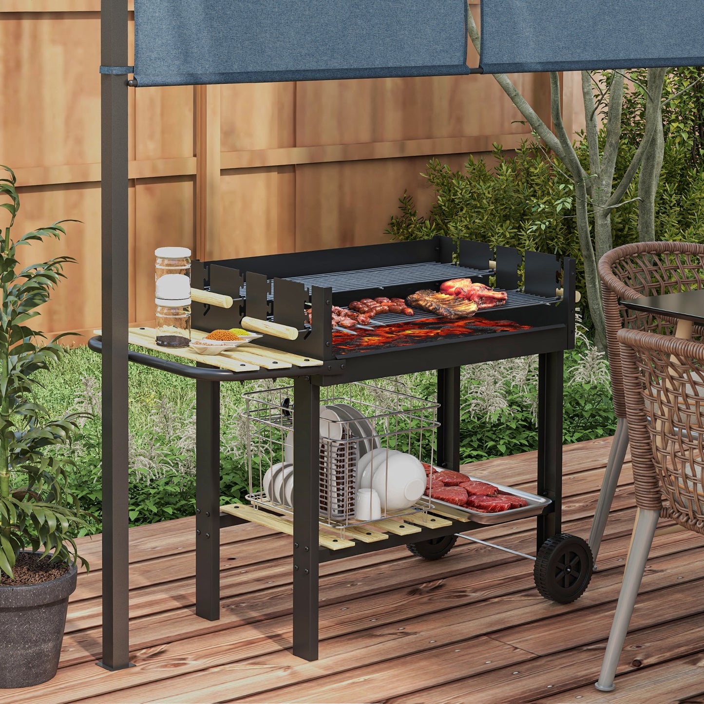 Outsunny Barbacoa De Carbón 113x53,5x82,5 Cm Con 2 Parrillas Alturas Ajustables_1