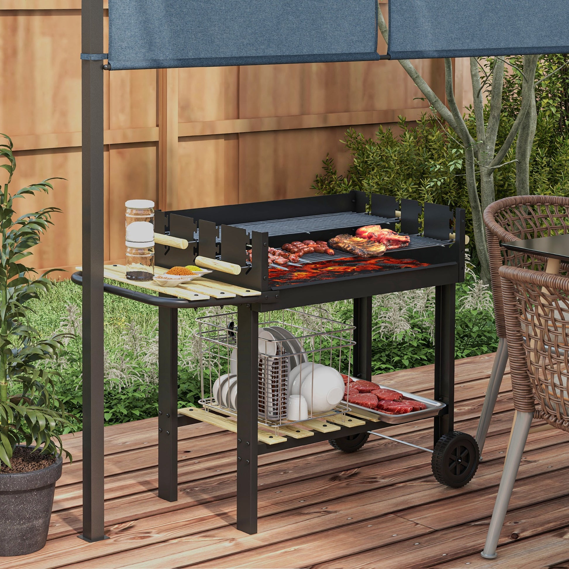Outsunny Barbacoa De Carbón 113x53,5x82,5 Cm Con 2 Parrillas Alturas Ajustables_1