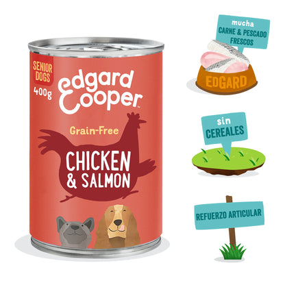 Lata de comida para perros senior con pollo y salmón sin cereales | Edgard & Cooper 400 g