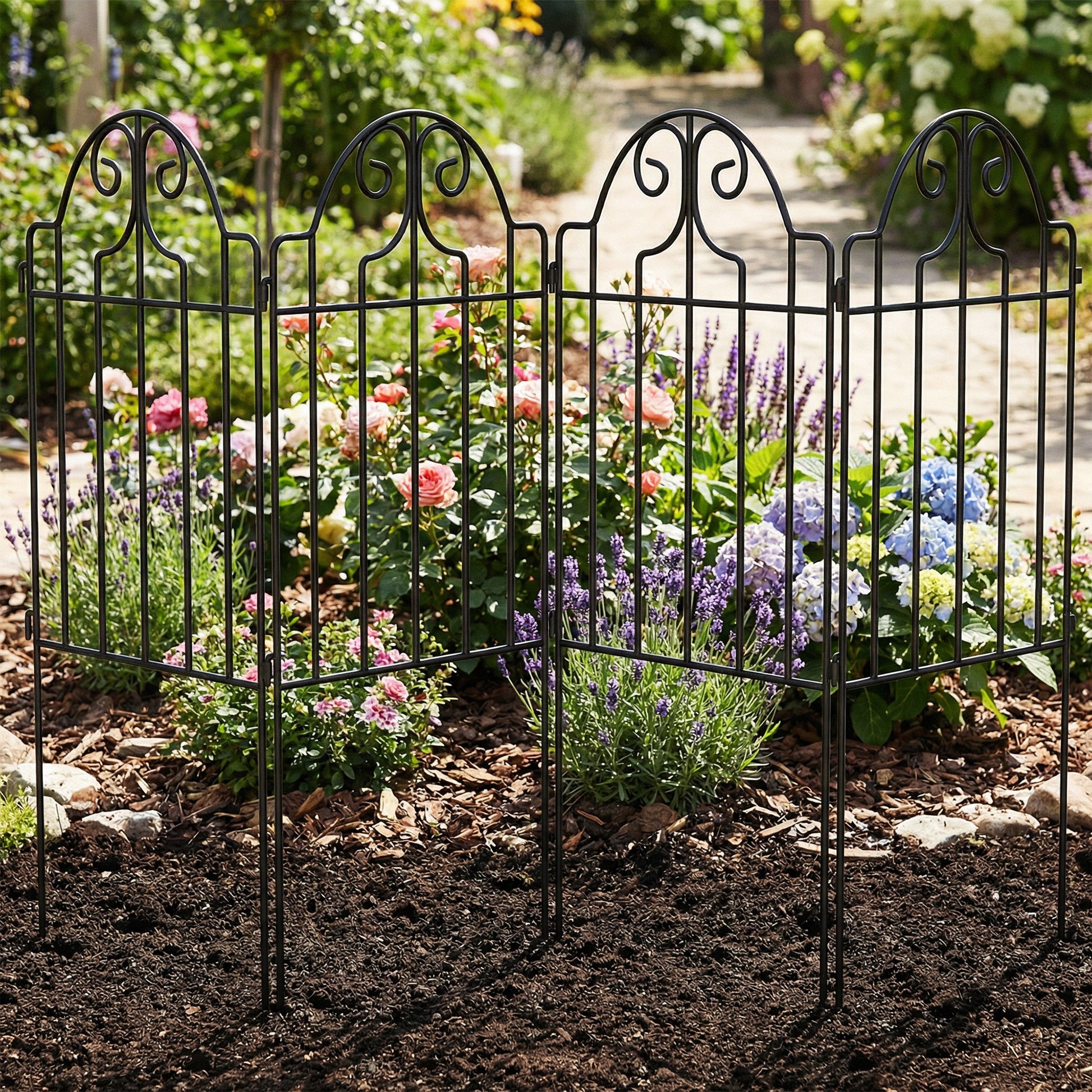 Outsunny Set De 4 Vallas De Jardín Decorativas De Metal 125x57 Cm Negro_3