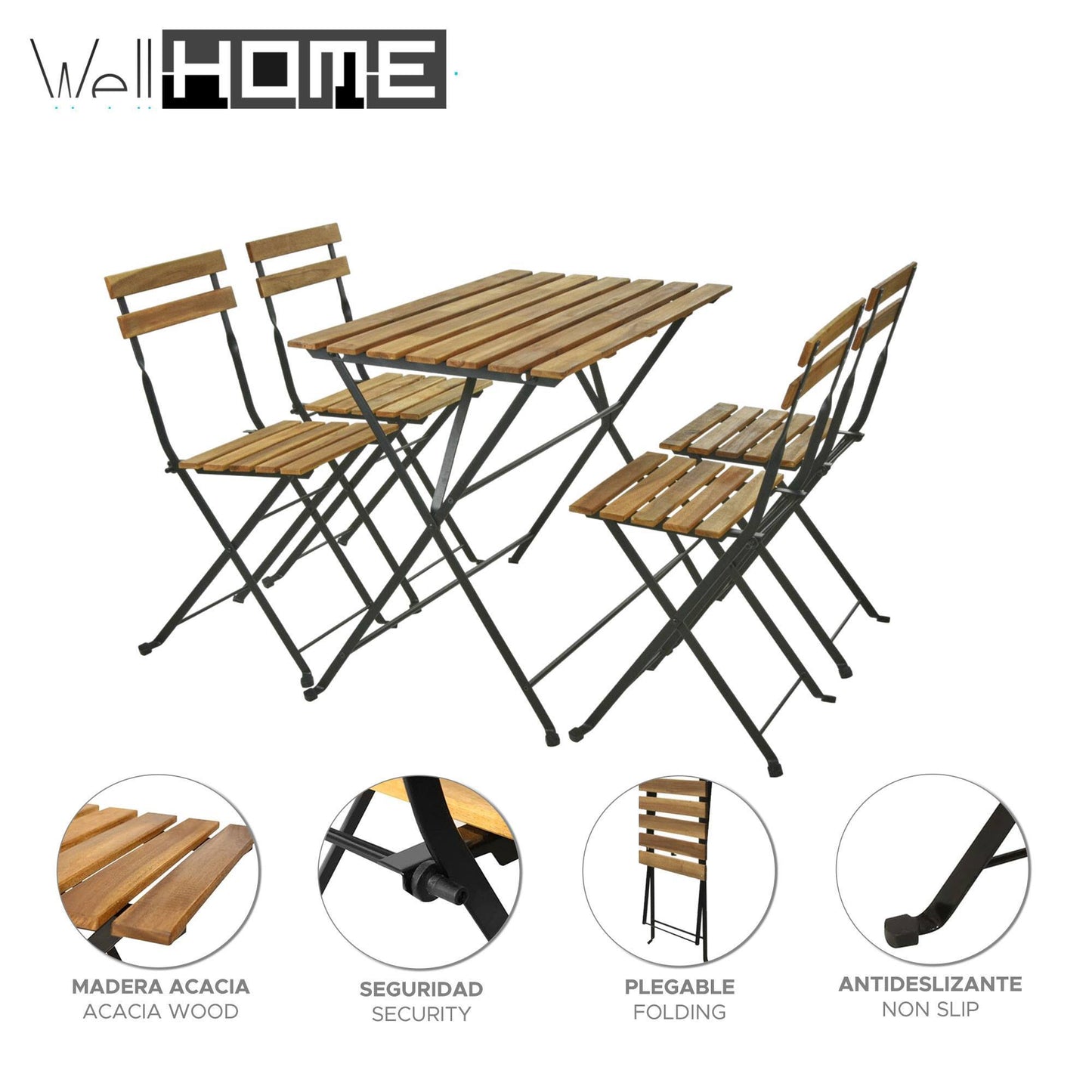 Well Home - Juego 'bistro' Mesa Y 4 Sillas En Madera Y Acero Negro