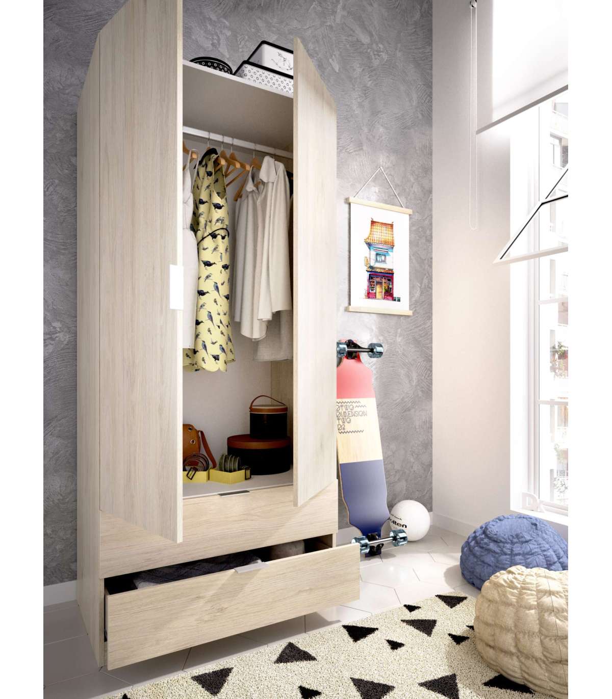 Armario Jaen 2 Puertas Abatibles Y 2 Cajones En Roble Natural 184 Cm(alto)81 Cm(ancho)52 C_2