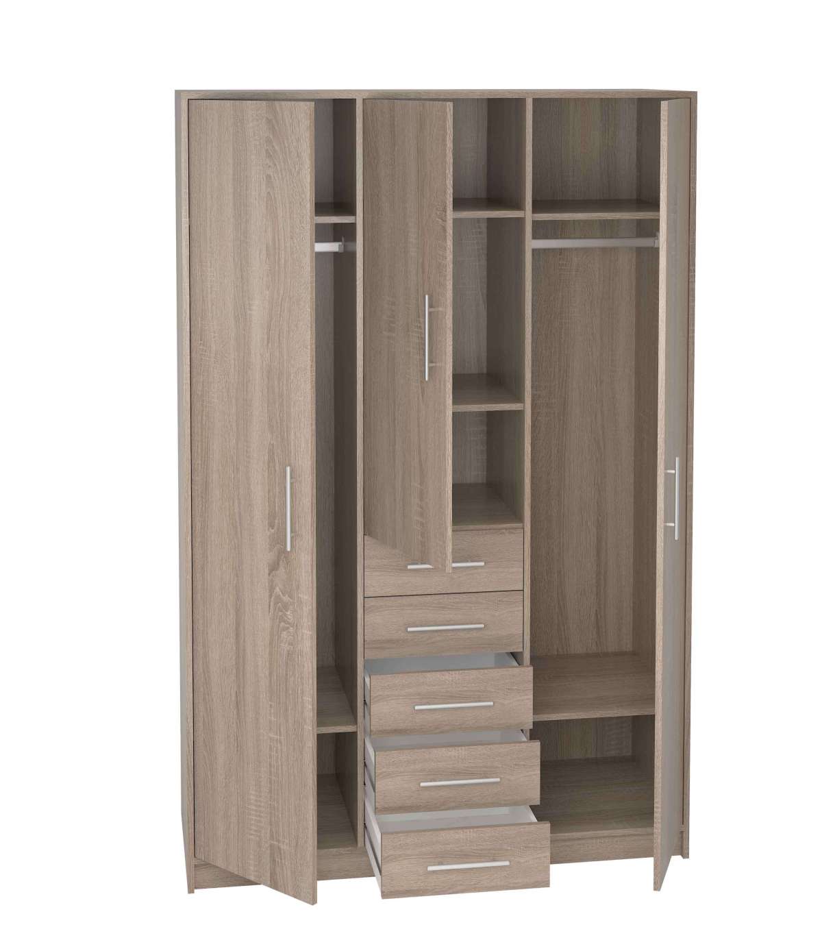 Armario 3 Puertas Abatibles 5 Cajones Acabado Roble, 200 Cm(alto)130 Cm(ancho)50 Cm(fondo)_3