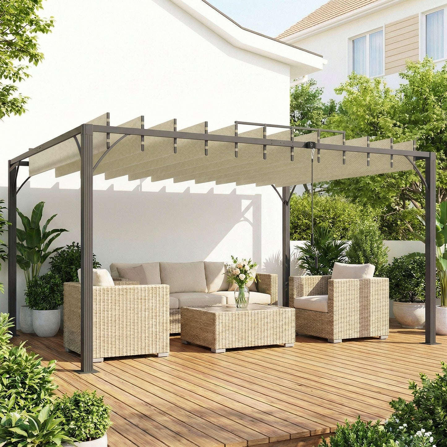 Outsunny Pérgola De Jardín 3x4 M Con Techo De Lamas Orientables Upf30+ Crema_3