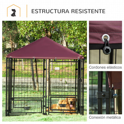 Pawhut Perrera De 8 Paneles Con 2 Cuencos Y Toldo 141x141x153 Cm Negro Y Rojo_5