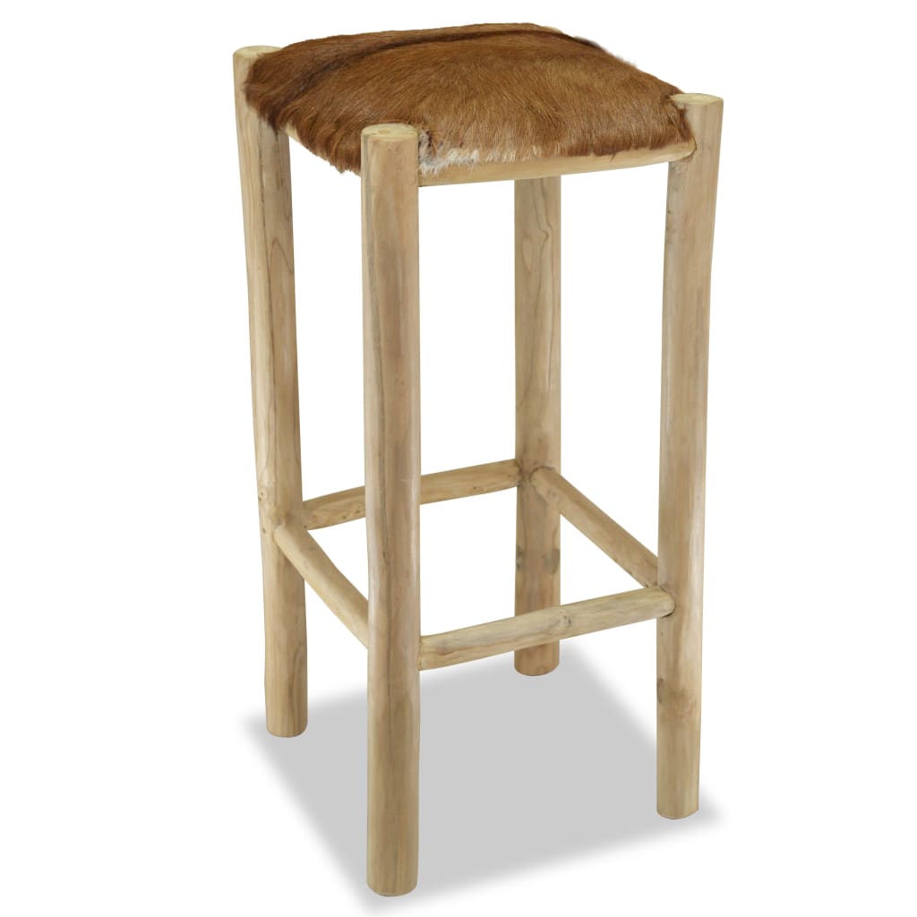 Taburete De Cocina De Cuero Auténtico Y Madera De Teca Maciza_3