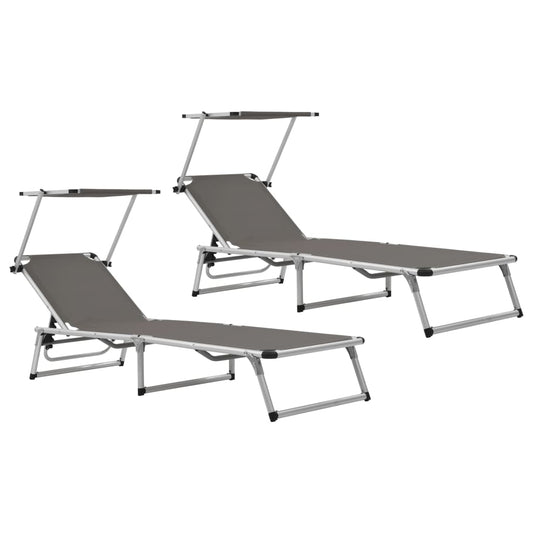 Tumbonas Plegables Con Techo 2 Uds Aluminio Y Textilene Gris_0