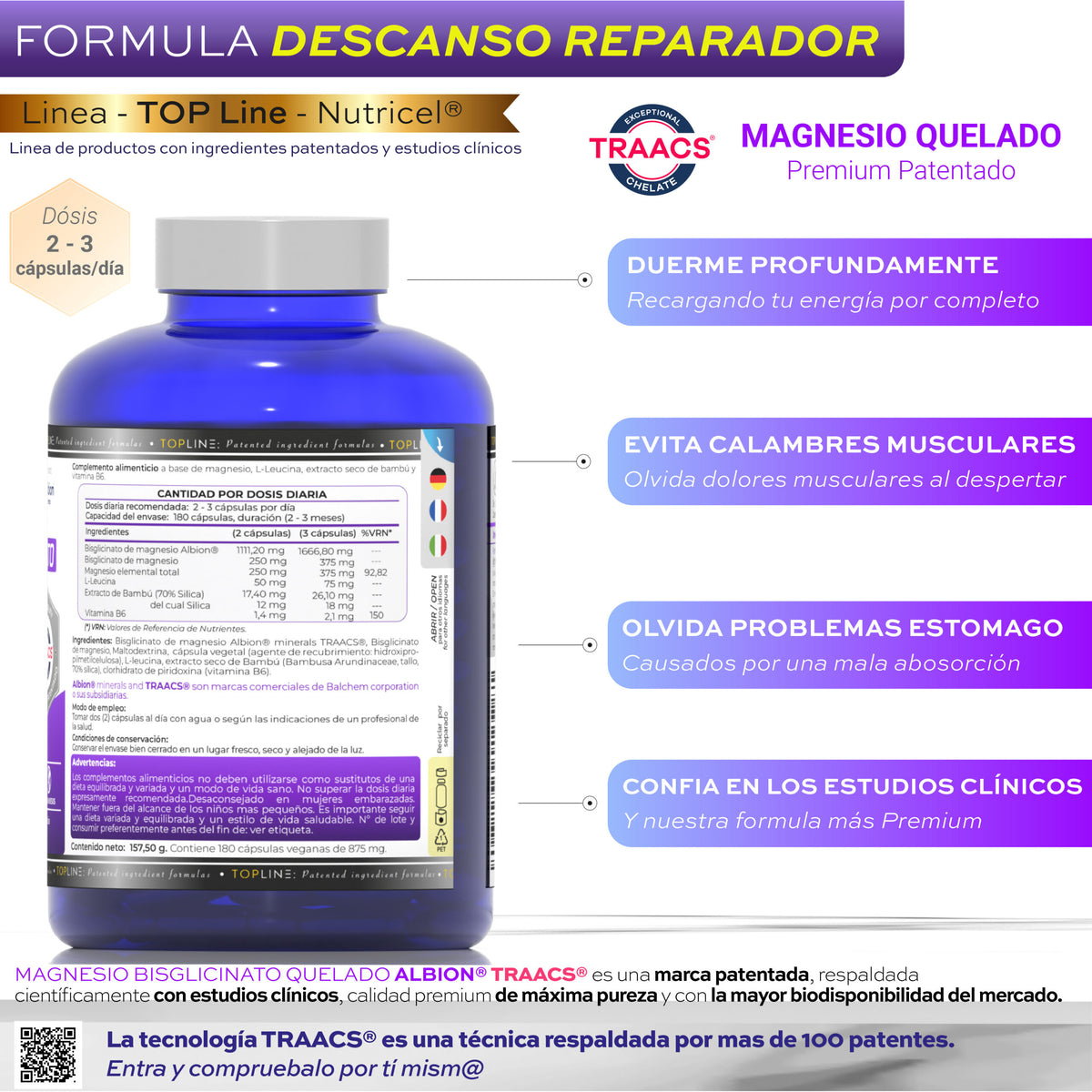 Magnesio Bisglicinato Albion® TRAACS® + Vitamina B6 Nutricel 180 cápsulas