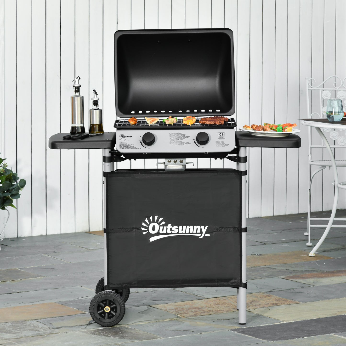 Outsunny Barbacoa De Gas Con 2 Quemadores 5,6 Kw 2 Ruedas 2 Mesas Negro_1