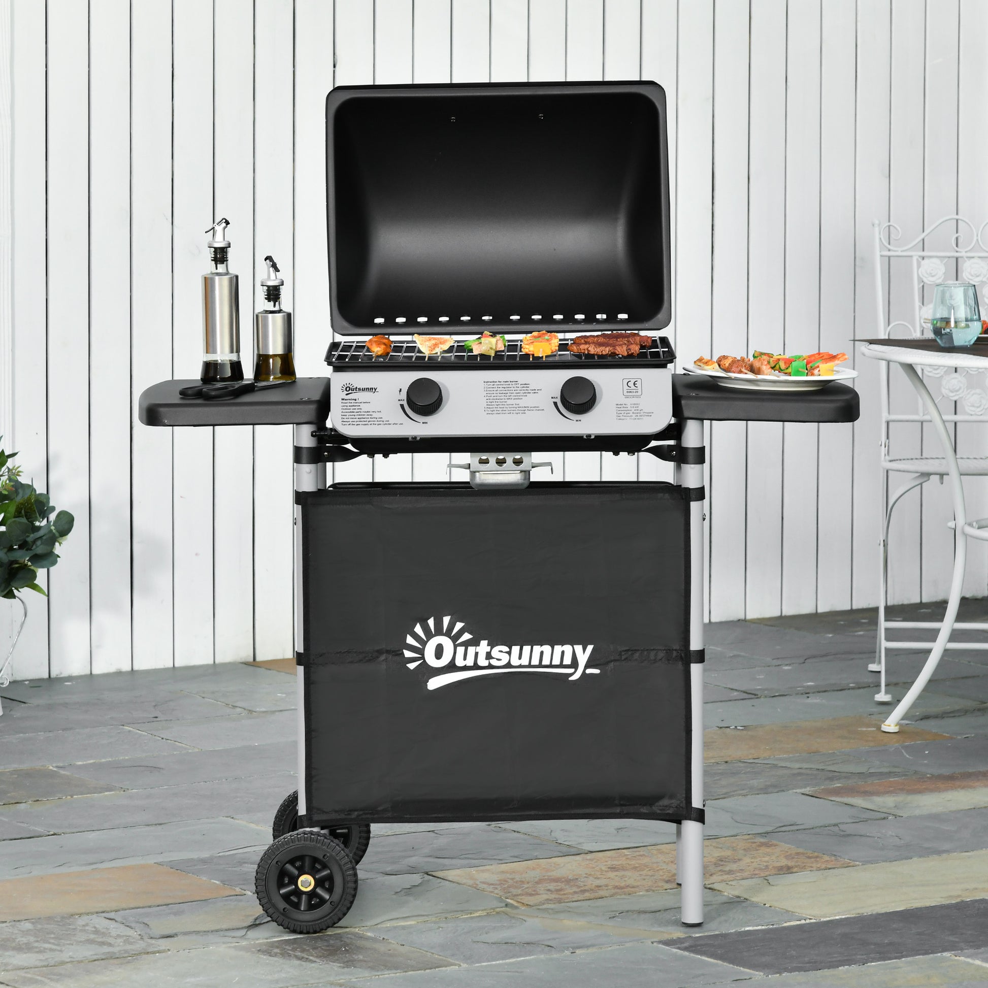 Outsunny Barbacoa De Gas Con 2 Quemadores 5,6 Kw 2 Ruedas 2 Mesas Negro_1