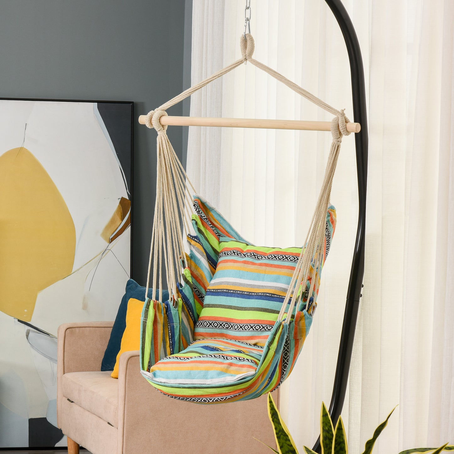 Outsunny Silla Hamaca Colgante Algodón 2 Cojines 100x100cm Carga 100 Kg Interior_1