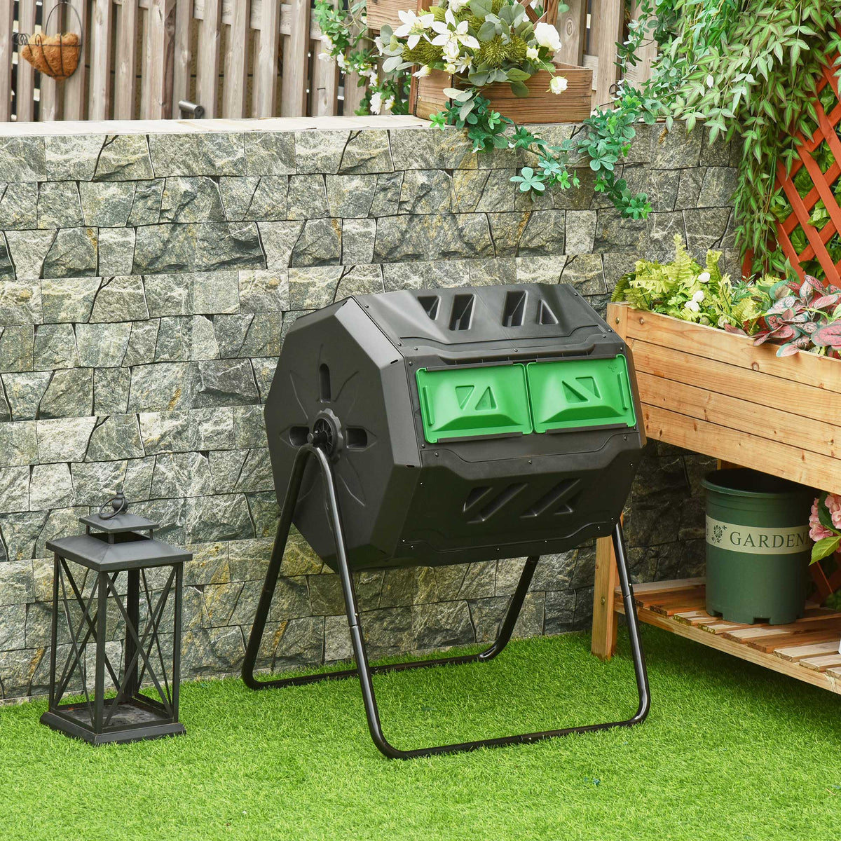 Outsunny Compostador Giratorio De 160l Doble Cámara 71x65x96 Cm Negro_1