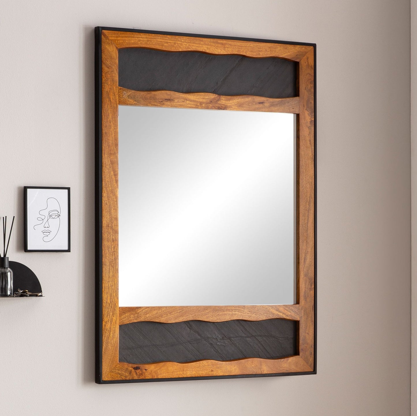 Espejo Pasillo Madera Maciza De Mango / Aspecto De Piedra 72x102x3 Cm_1