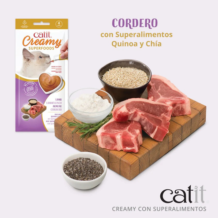 Snack con superalimentos para gatos de cordero, quinoa y chía Creamy Superfood 4 x 10 g Catit